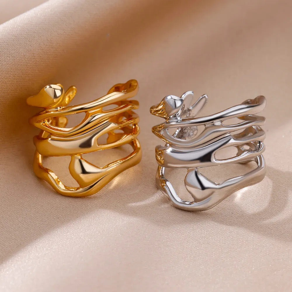 Drip Wave Adjustable Ring – Abstract Sculptural Statement (Gold or Silver)