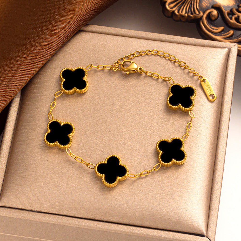 Clover Luxe Bracelet – 18K Gold Plated Stainless Steel (White, Pink, Black)